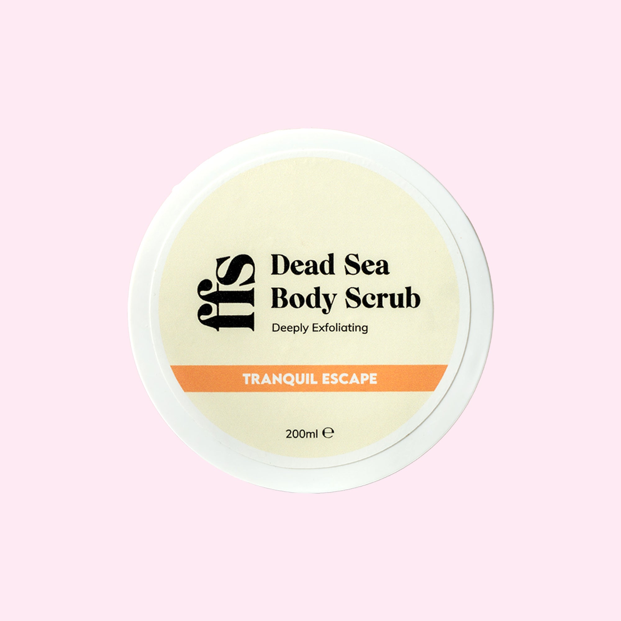 FFS Tranquil Escape Dead Sea Body Scrub 200ml jar — top-down packshot on a pink background