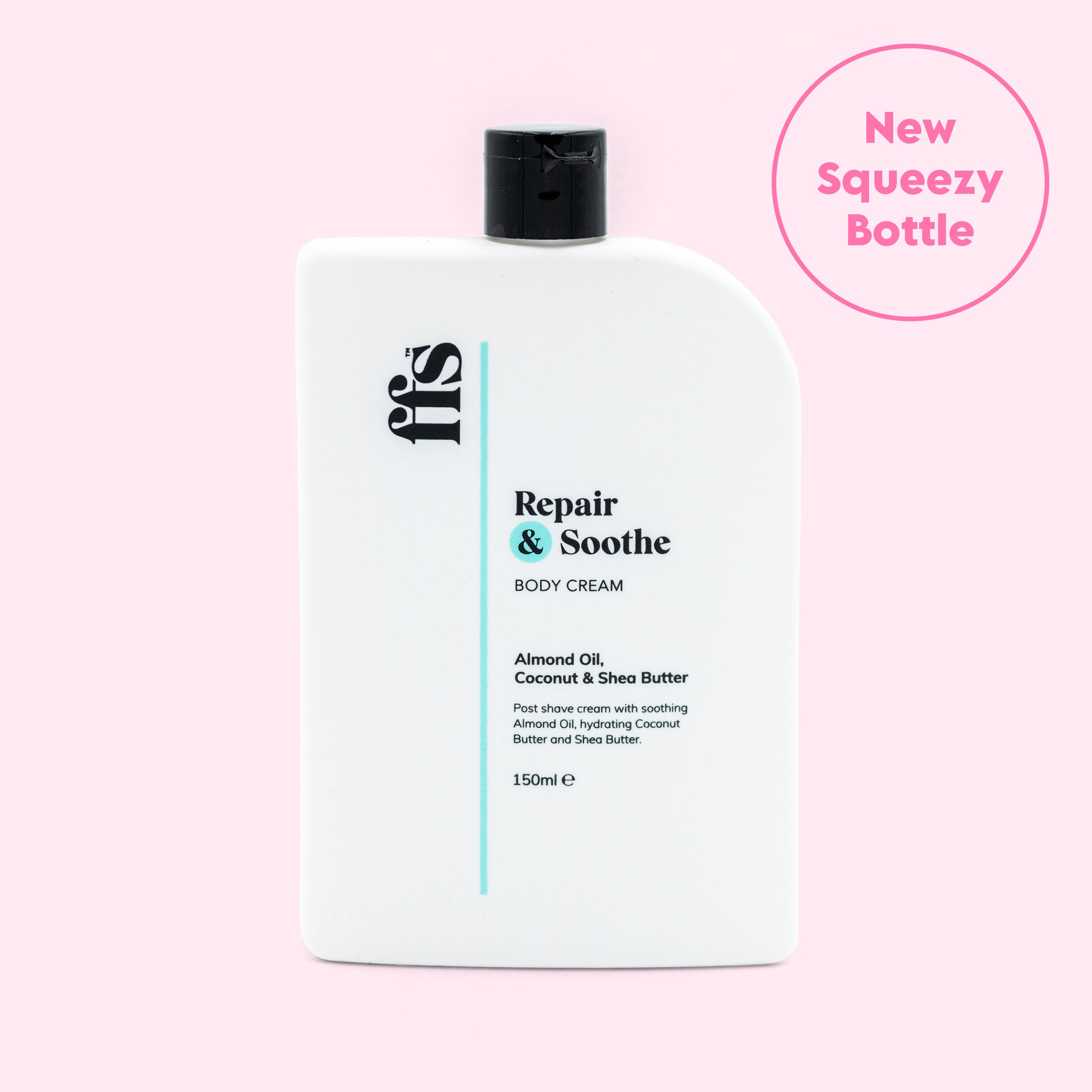 FFS Repair & Soothe Body Cream, 150ml new squeezy bottle with almond oil, coconut and shea butter, on a pink background