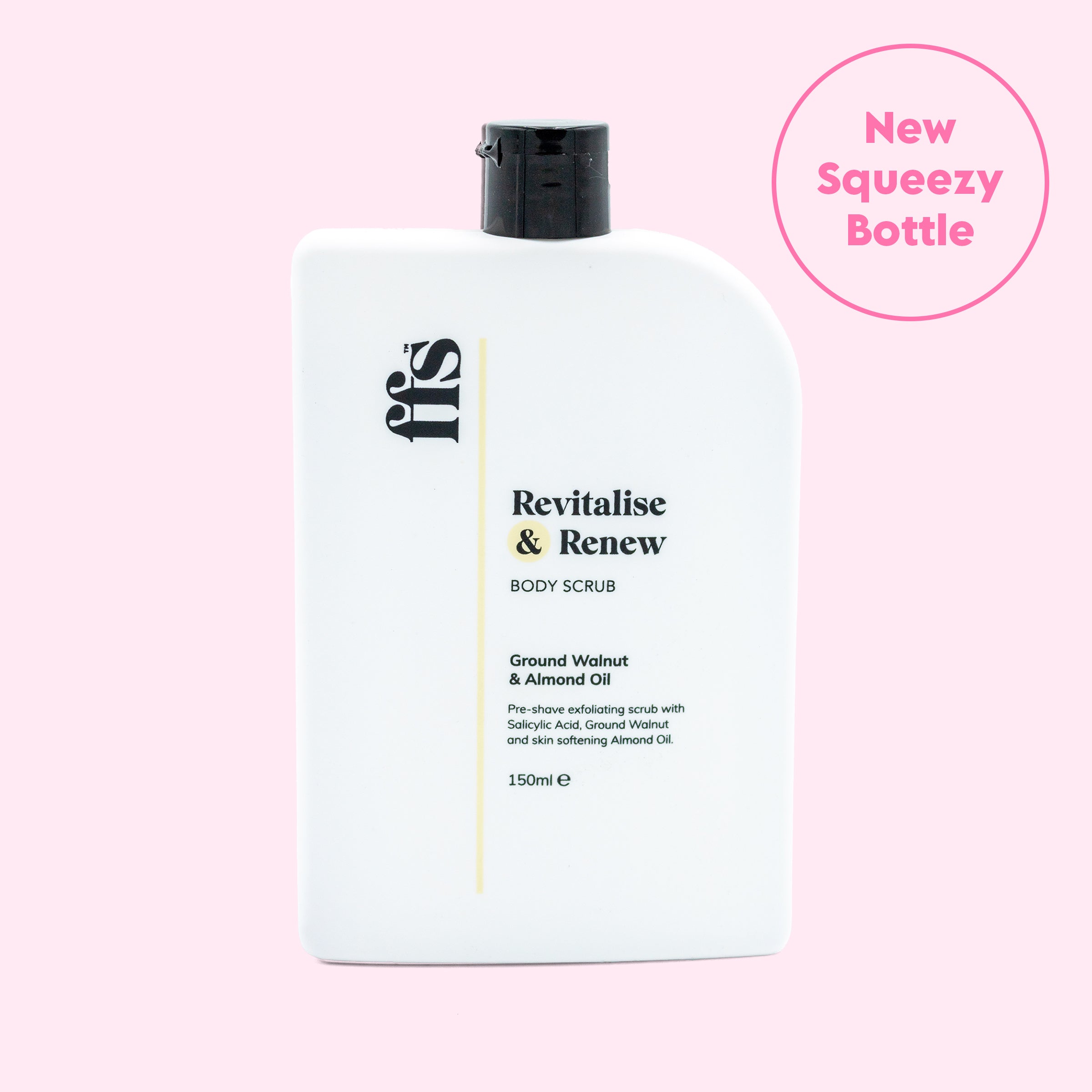 FFS Revitalise & Renew Body Scrub, 150ml new squeezy bottle with ground walnut and almond oil, on a pink background