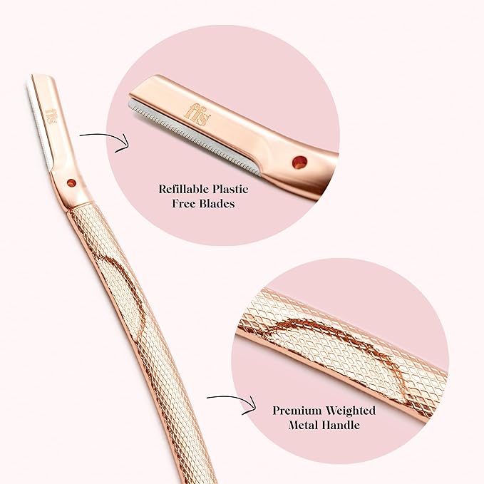 FFS rose gold dermaplaner close-up highlighting refillable plastic-free blades and premium weighted metal handle