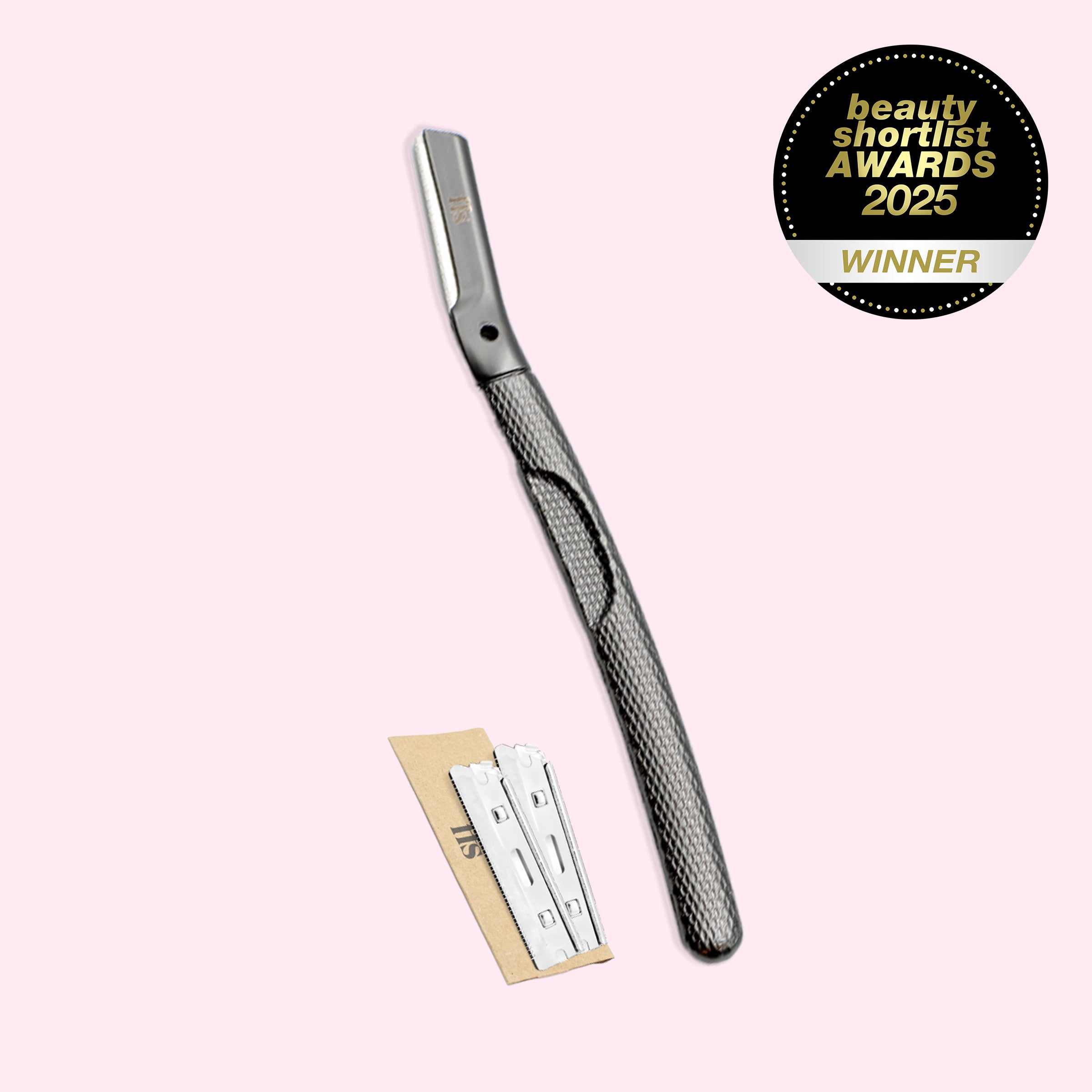 FFS Metal Dermaplaning Kit in black pearl with two blades and Beauty Shortlist 2025 Winner badge #Colour_Black Pearl