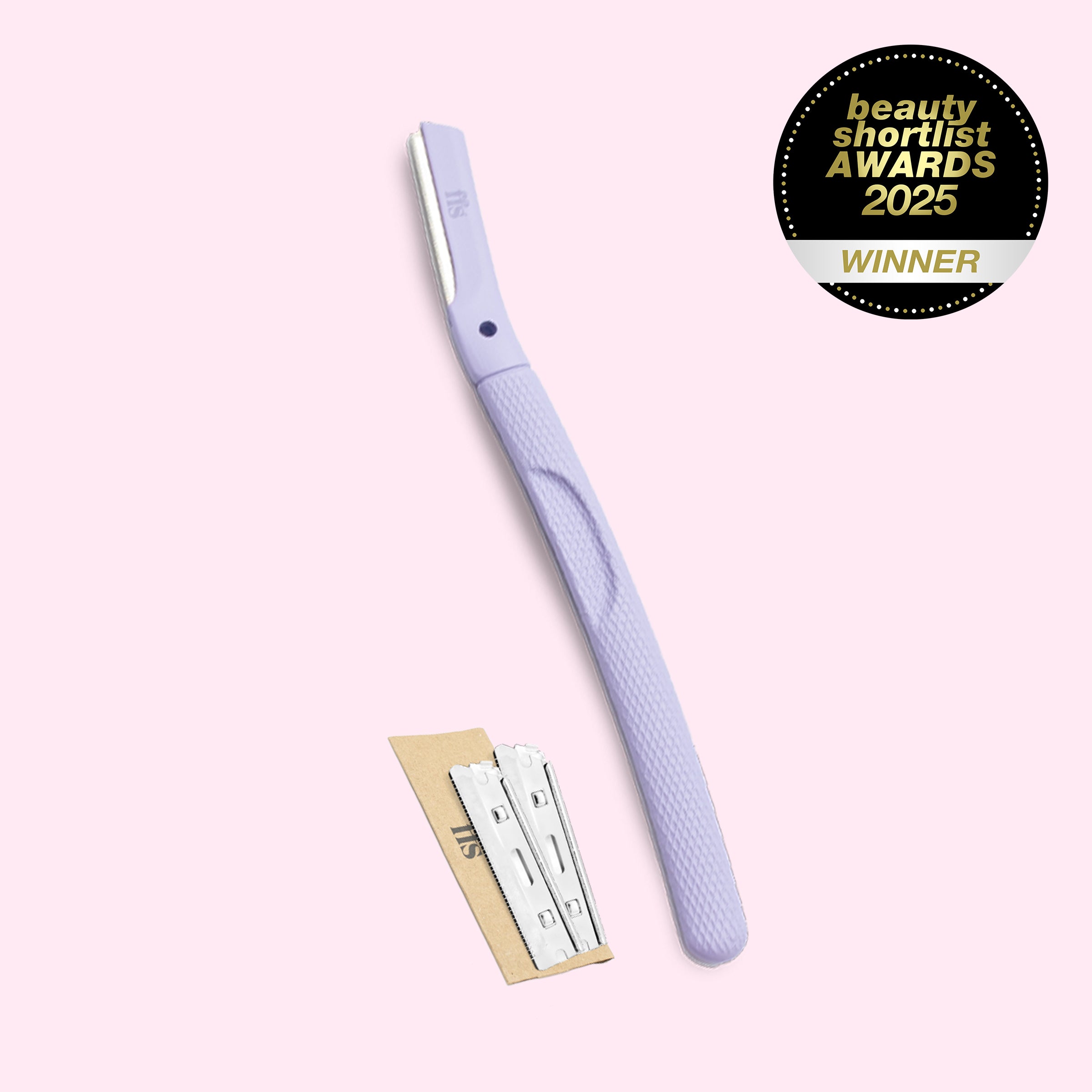 FFS Metal Dermaplaning Kit in coral purple with two blades and Beauty Shortlist 2025 Winner badge #Colour_Coral Purple