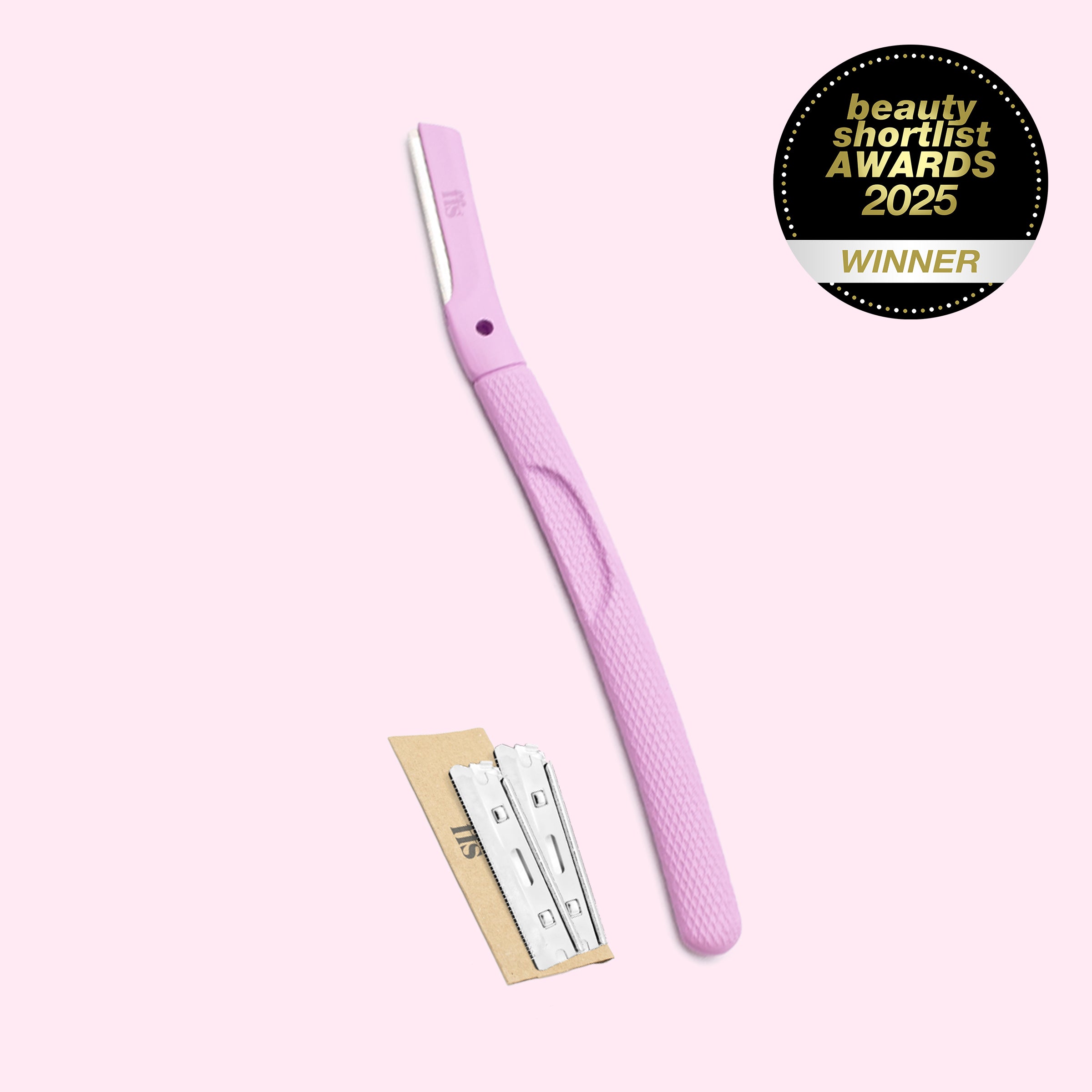 FFS Metal Dermaplaning Kit in flamingo pink with two blades and Beauty Shortlist 2025 Winner badge #Colour_Flamingo Pink