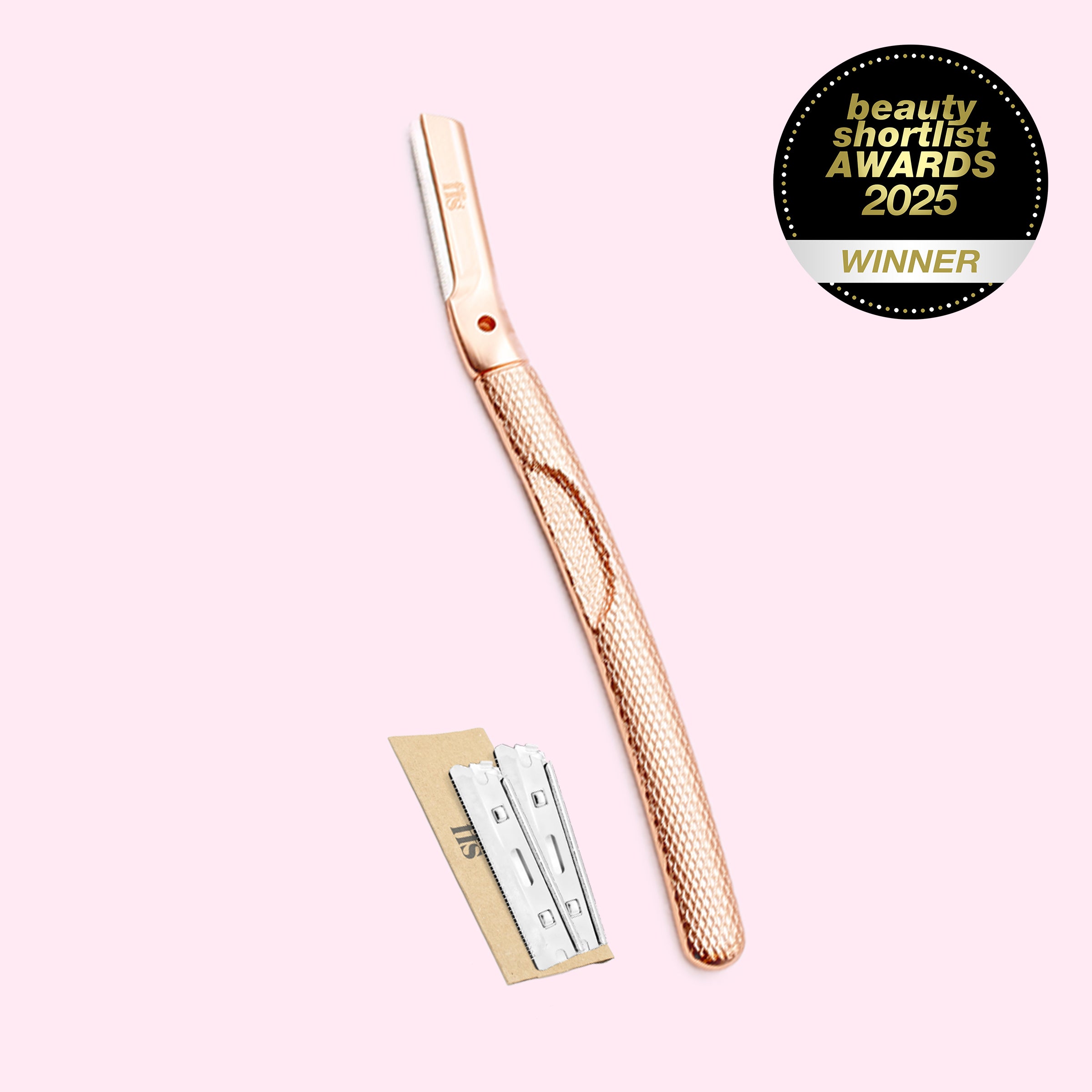 FFS Metal Dermaplaning Kit in rose gold with two blades and Beauty Shortlist 2025 Winner badge #Colour_Rose Gold