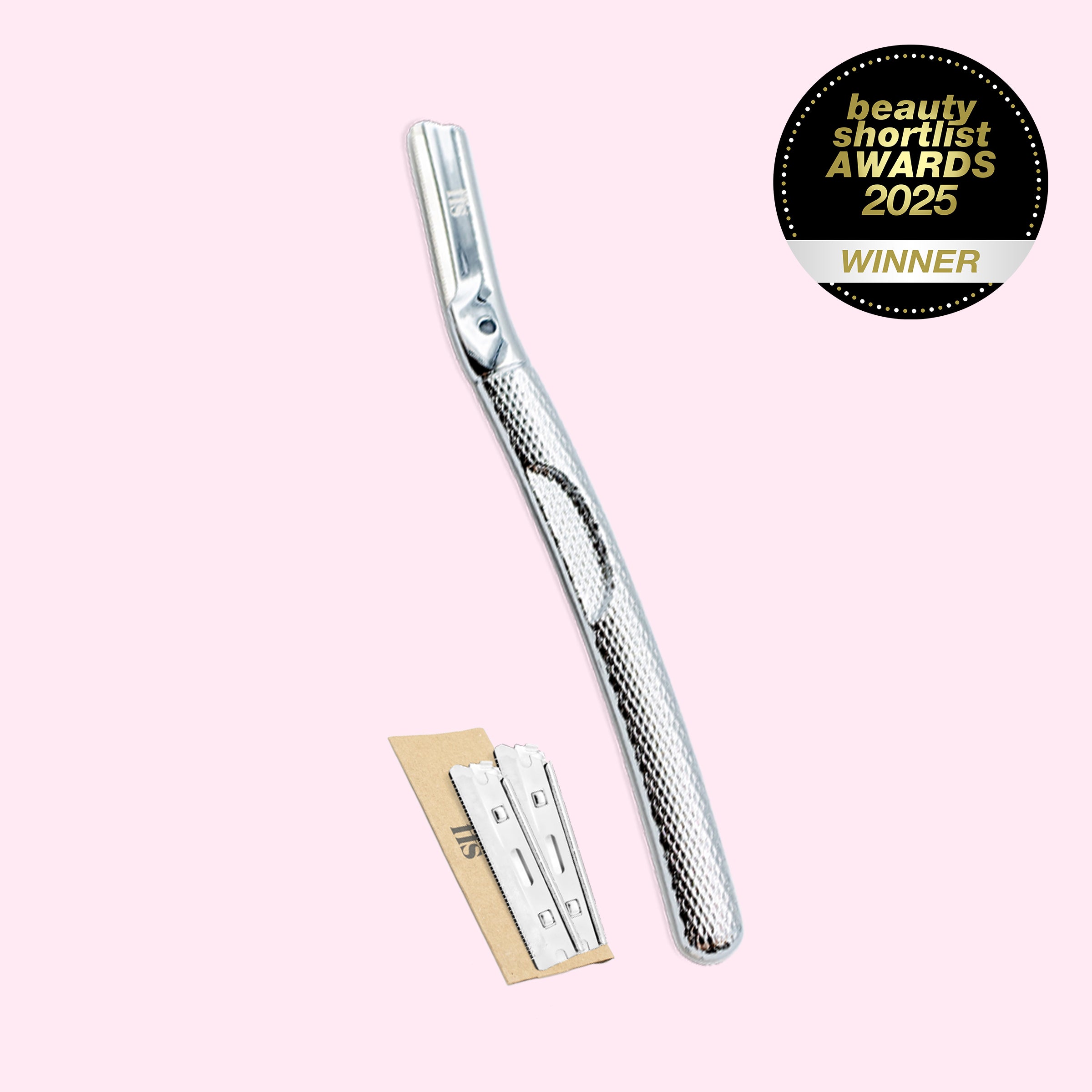 FFS Metal Dermaplaning Kit in silver with two blades and Beauty Shortlist 2025 Winner badge #Colour_Silver