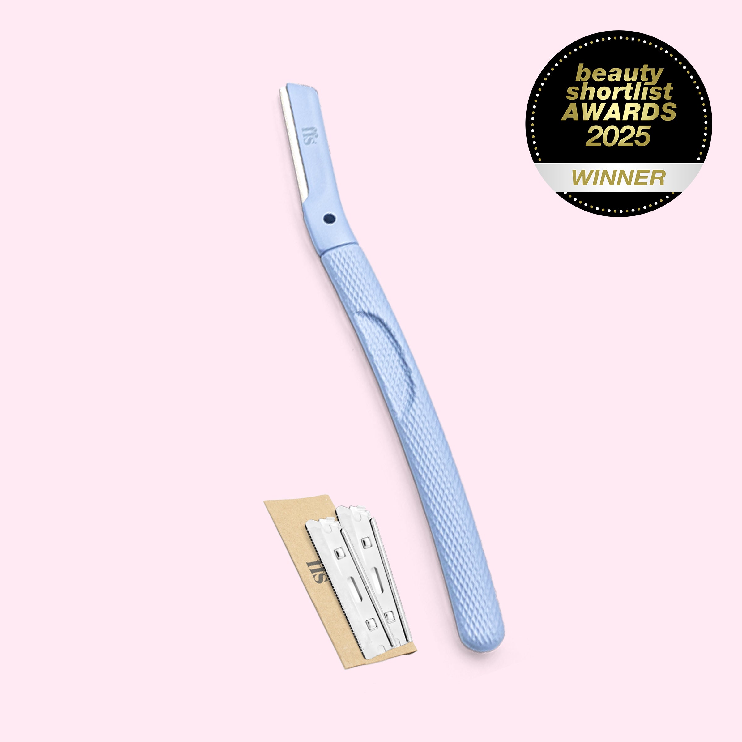 FFS Metal Dermaplaning Kit in sky blue with two blades and Beauty Shortlist 2025 Winner badge #Colour_Sky Blue