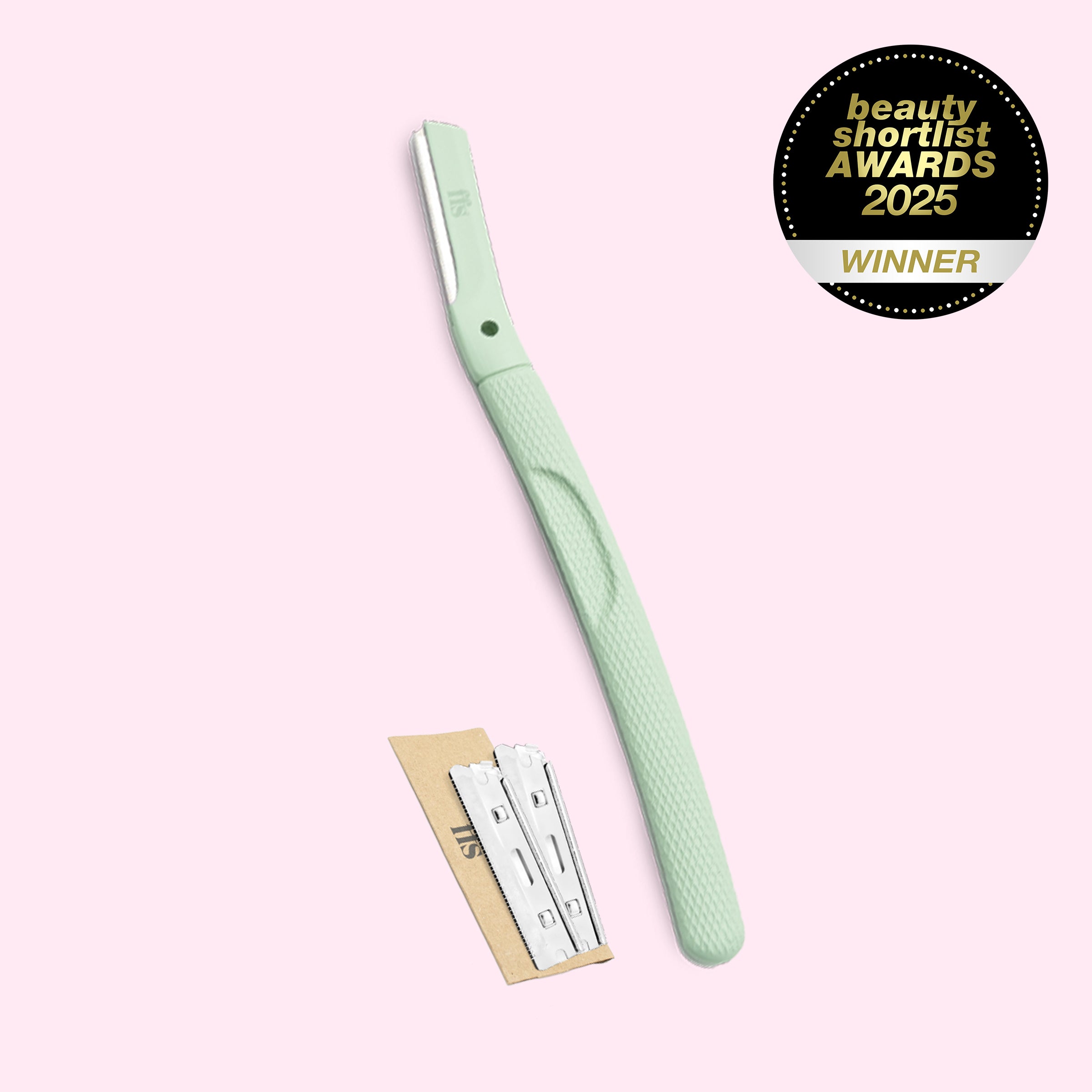 FFS Metal Dermaplaning Kit in surf green with two blades and Beauty Shortlist 2025 Winner badge #Colour_Surf Green