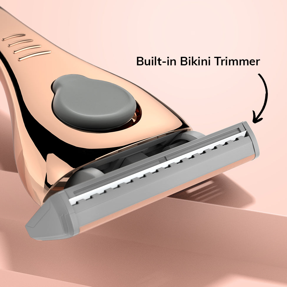 Close-up of the FFS Beauty Razor Kit's built-in bikini trimmer on the reverse of the rose gold blade head