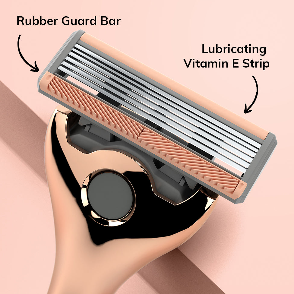 Close-up of the FFS Beauty razor blade head highlighting the rubber guard bar and Vitamin E lubricating strip