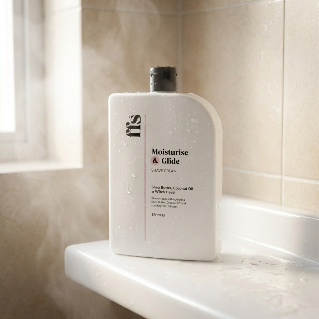 FFS Moisturise & Glide Shave Cream bottle resting on the edge of a bathtub in a steamy bathroom